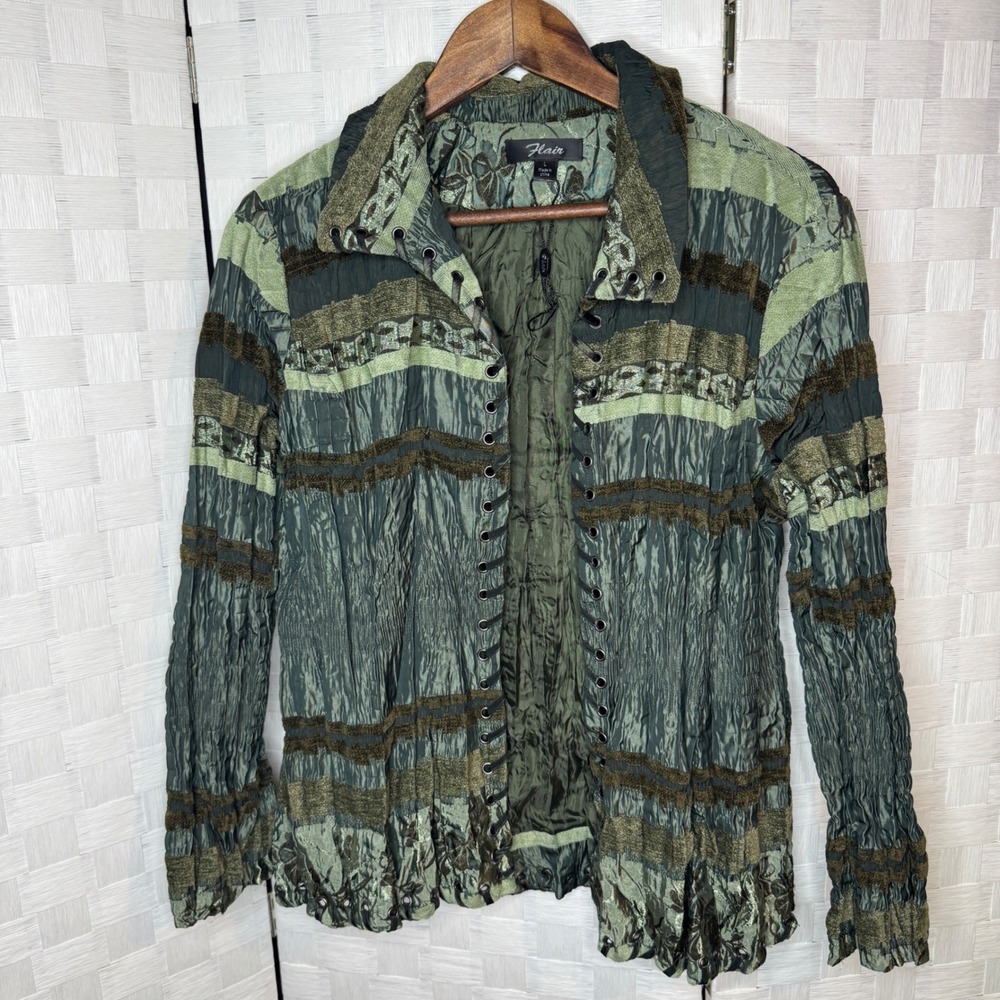 Flair Womens Green Textured Art to Wear Jacket Crinkle Brocade Laced Size Large